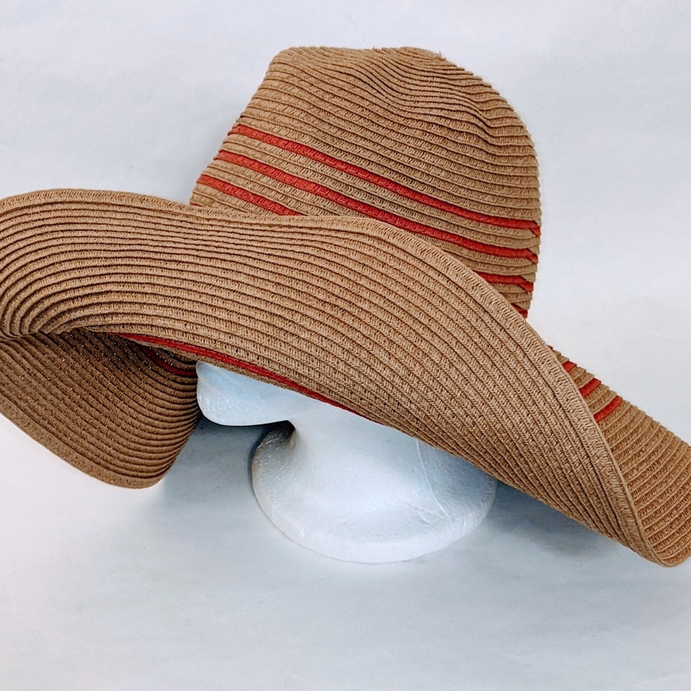 *J. CREW Tan/Red Wide Brim Packable Paper Straw Hippie Retro Boho Floppy Sun Hat